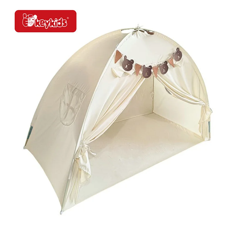Bear-Themed Kids Play Tent, Beige Pop-Up Playhouse with Bunting for Nursery & Playroom W08L159
